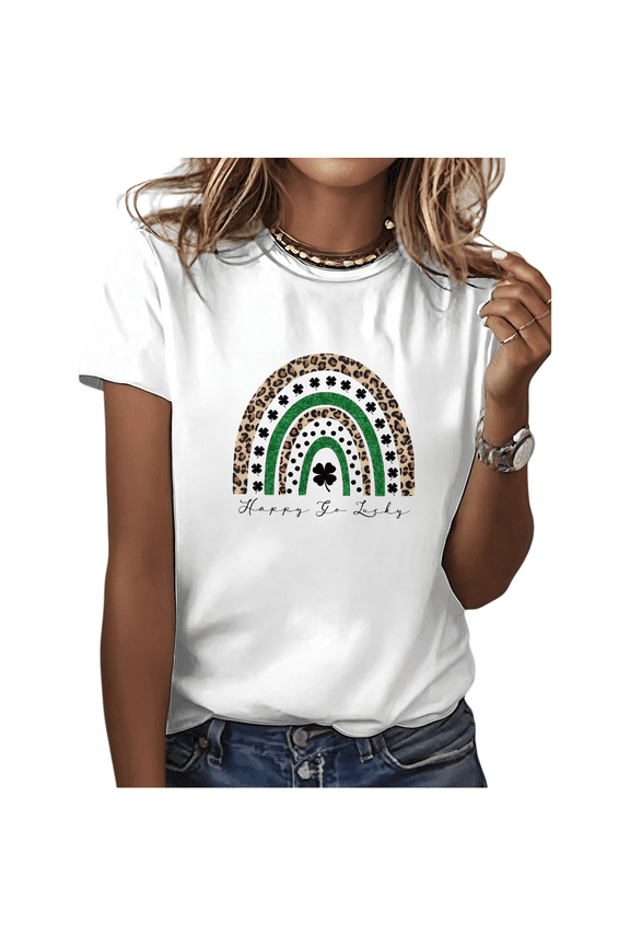 Happy Go Lucky St Patricks Day Leopard Glitter Rainbow Clover Graphic Tees T Shirt Tops Casual Short Sleeve White S-5XL