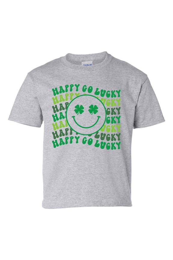 Happy Go Lucky Youth Kids St. Patricks Day Lucky Smile Face Shamrock Short Sleeve T-shirt Graphic Tee-Sports Grey-large