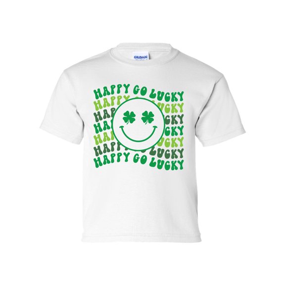 Happy Go Lucky Youth Kids St. Patricks Day Lucky Smile Face Shamrock Short Sleeve T-shirt Graphic Tee-White-small