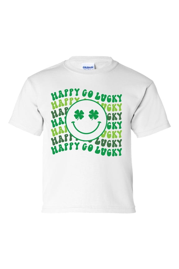 Happy Go Lucky Youth Kids St. Patricks Day Lucky Smile Face Shamrock Short Sleeve T-shirt Graphic Tee-White-xl