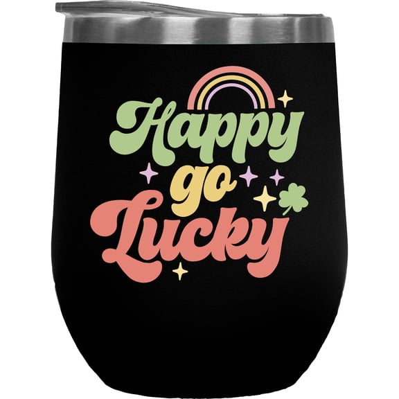 Happy Go Lucky feat. Shamrock Leaf & Rainbow Art, St. Patrick's Day Merch Gift, Black 12oz Wine Tumbler