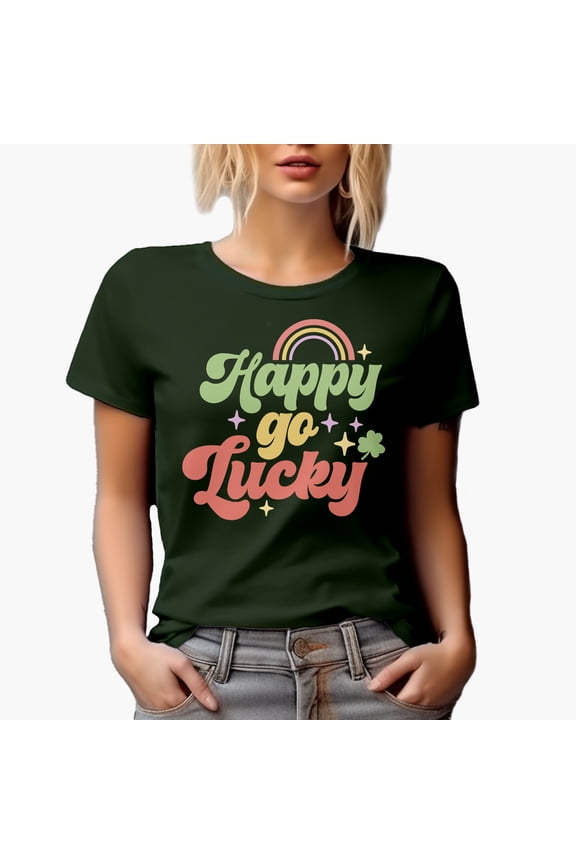 Happy Go Lucky feat. Shamrock Leaf & Rainbow Art, St. Patrick's Day Merch Gift, Military Green T-Shirt, 3XL