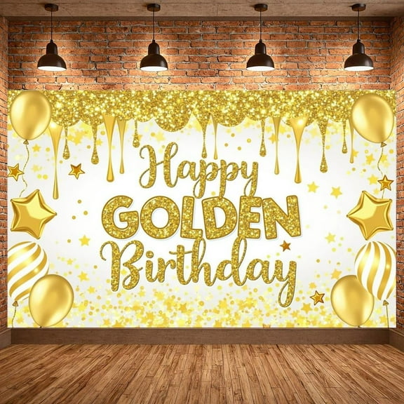 Yuan Ou Happy Golden Birthday Backdrop Large Gold Shiny Glitter Balloons Golden Birthday Banner Party Decorations Photo Booth Props