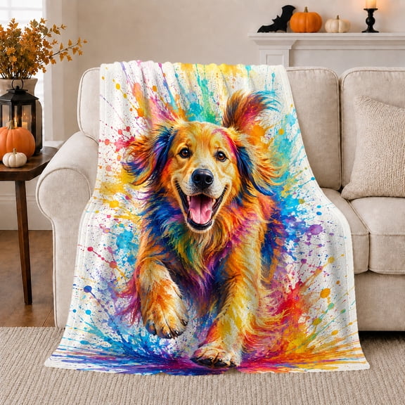 Happy Golden Dog Running through Rainbow Paint Splashes, Colorful Pet Art Cozy Flannel Blanket, Home Decor for Dog Lovers, Living Room and Bedroom, Birthday Gift, Joyful Watercolor Scene