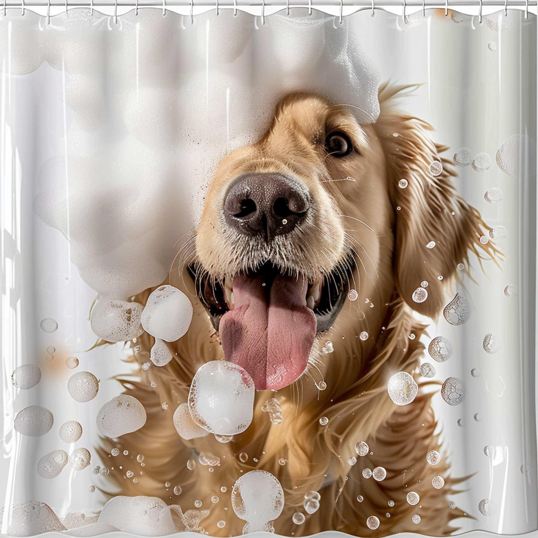 Happy Golden Retriever Bath Time Shower Curtain Cute Dog Design Cartoon 