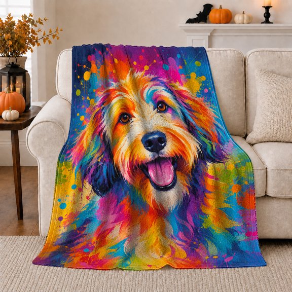 Happy Golden Retriever Splatter Art, Playful Pet Portrait Pattern, Warm Flannel Blanket for Living Room and Bedroom, Dog Lovers Just Because Gift, Pet Lover Home Decor