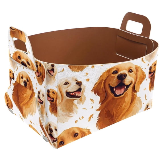 Happy Golden Retriever Storage Basket Collapsible Storage Bin, PU Foldable Basket Convenient Box Storage Organizer with Handles for Shelves Office Bedroom Closet Nursery Toys Laundry