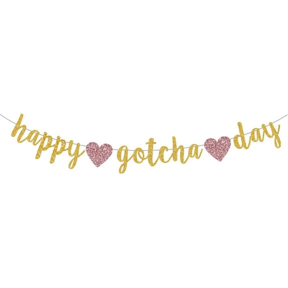 Happy Gotcha Day Banner,Gold Glitter Pre-Strung Pet Party Decorations Supplies, Dog Cat Gotcha Party Bunting Garland