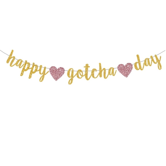 Happy Gotcha Day Banner, Gold Glitter with Pink Hearts, Adoption Party Decoration