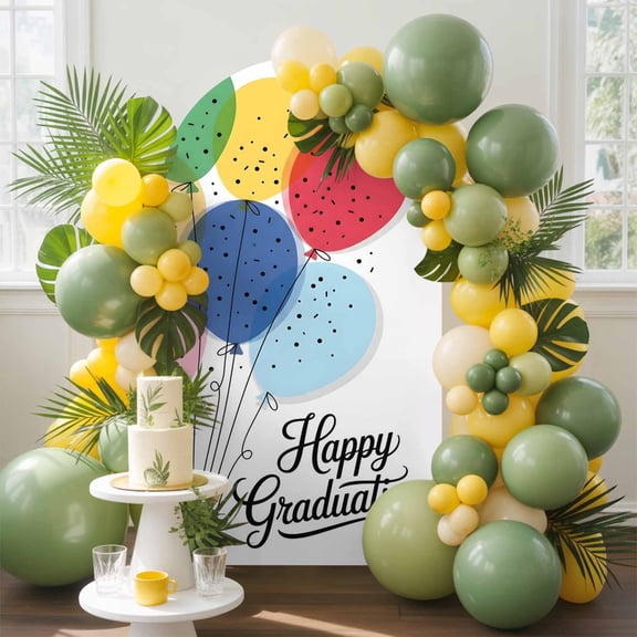 Happy Graduation Arch Backdrop Cover, 5FT, Polka Dot Colorful Balloons Spandex Arch Covers Double-Sided Backdrop for Wedding Birthday Party Photo Background Decoration