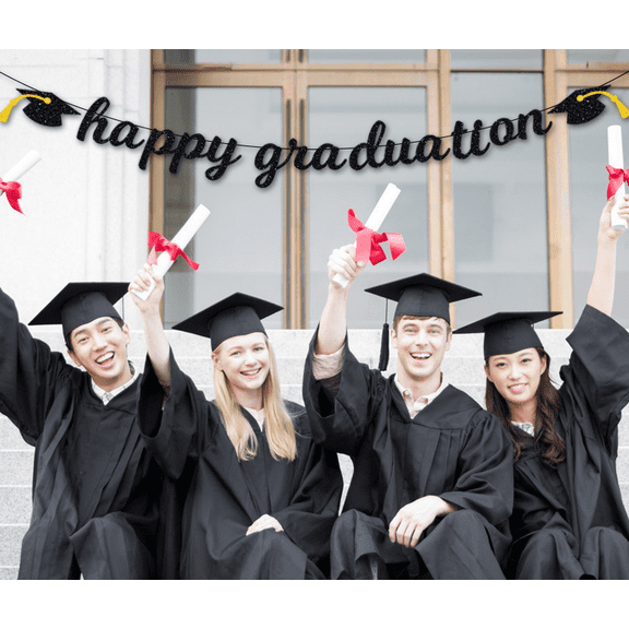 Happy Graduation Banner, Black Glitter, Party Decoration with Graduation Cap Design