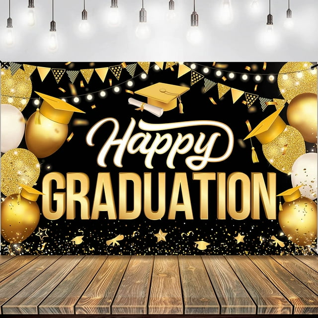 Happy Graduation Banner Black and Gold XtraLarge, 7x5Ft Graduation