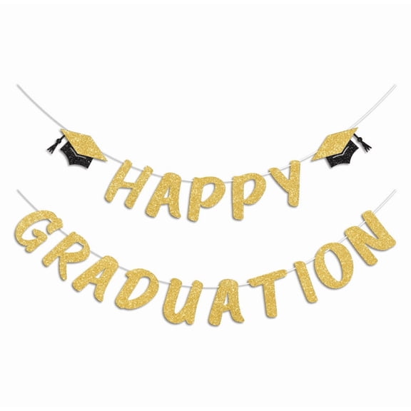 Happy Graduation Banner, Gold Glitter Letters with Graduation Cap, Party Decoration