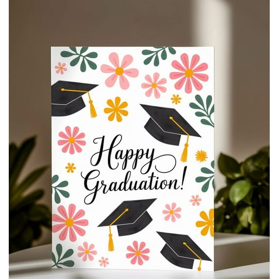 Happy Graduation Card with Floral Design and Graduation Caps – Blank ...