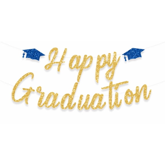 Happy Graduation Glitter Banner, Gold and Blue, Graduation Party Decoration