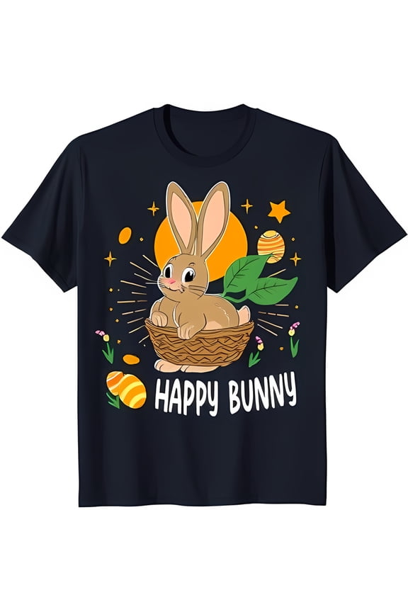 Happy Graphic Tee Dark Blue T-Shirt with Cartoon & Whimsical Design