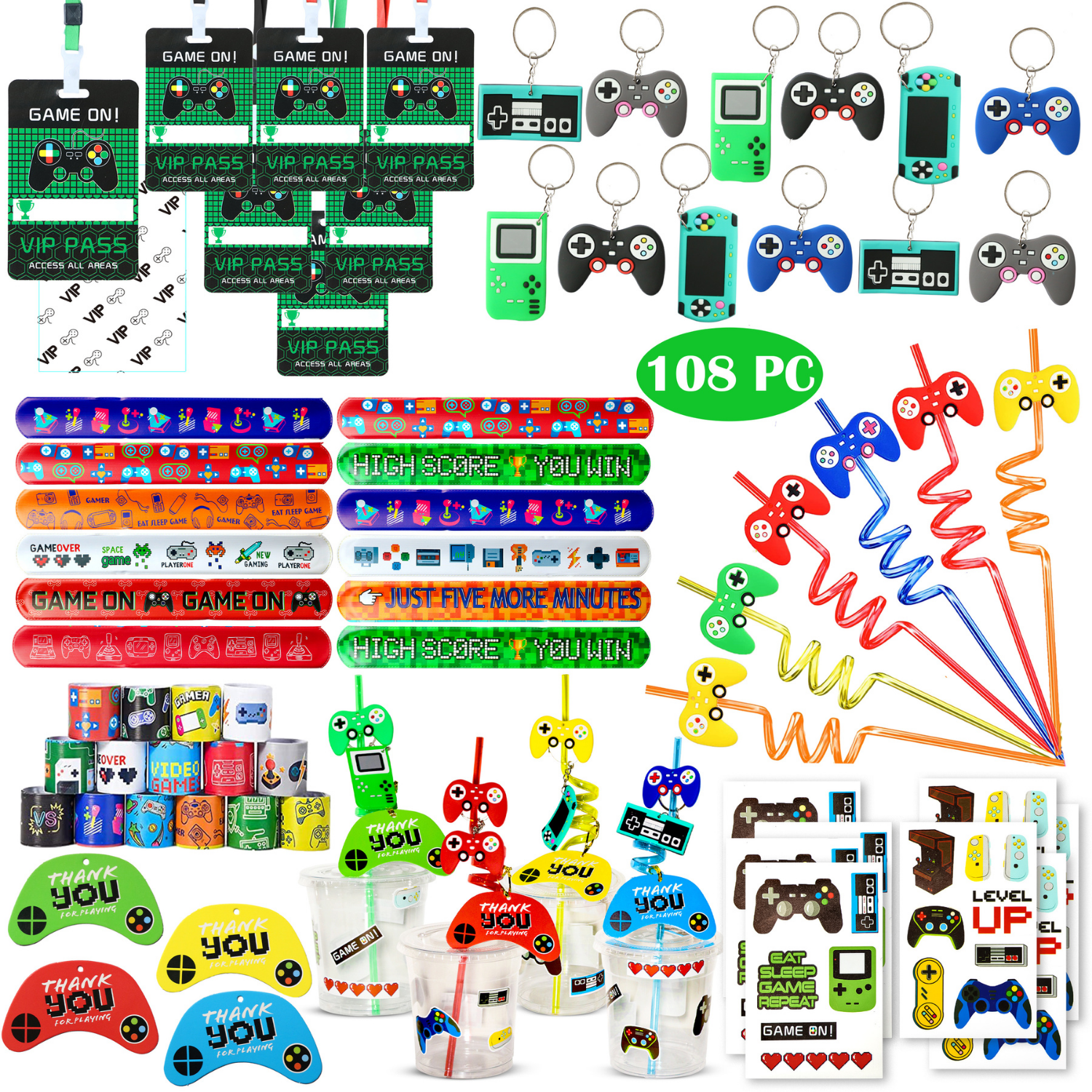 Happy Greetings 108 Pcs Video Game Party Favors - 12 Set of Game on VIP Pass Keychain Wristband Straw DIY Cup Thank You Tag Stickers for Gamer Kids Birthday Supply