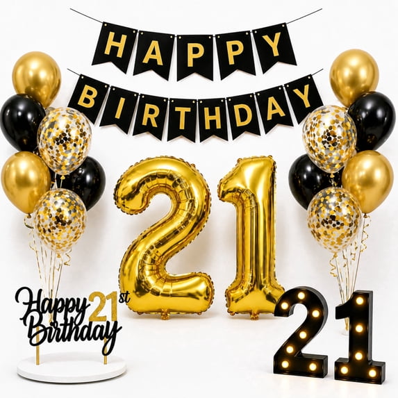 Happy Greetings 21st Birthday Party Decoration Kit, Black and Gold ...