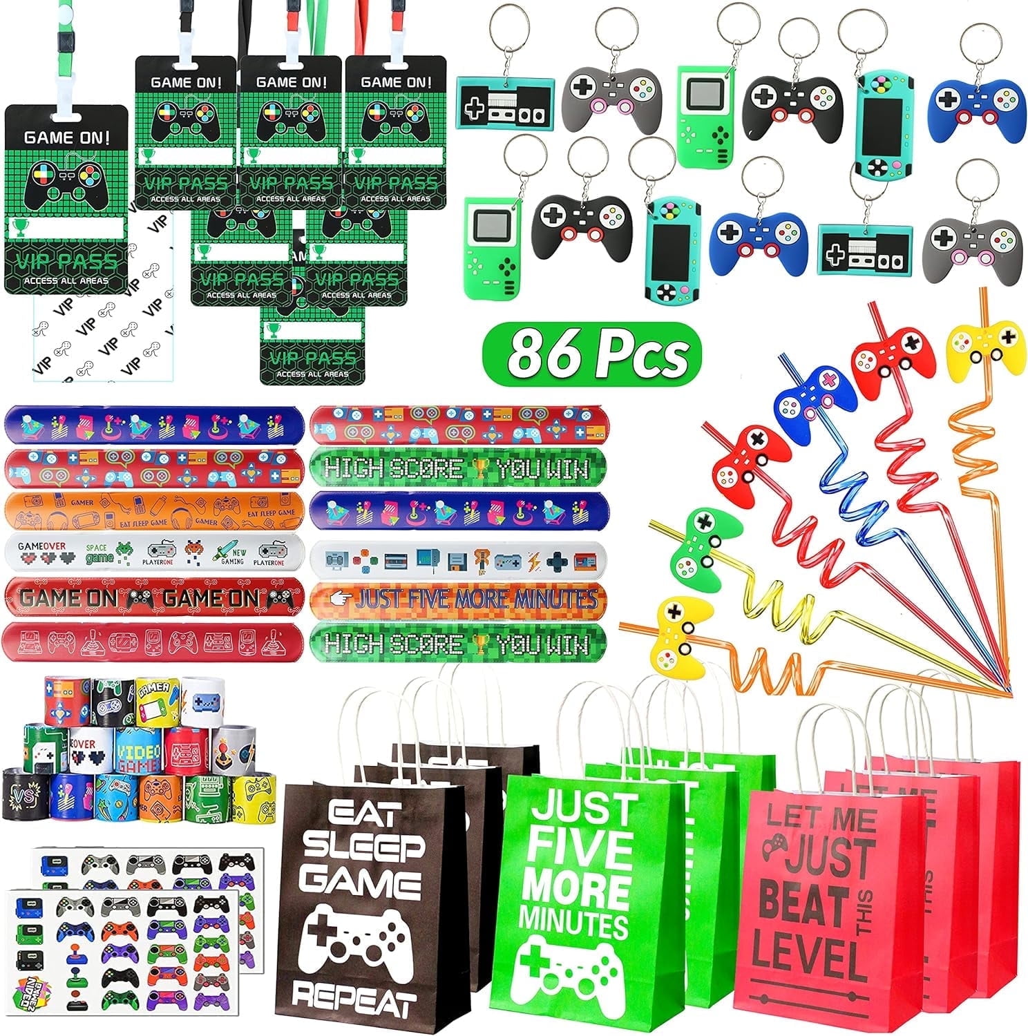 Happy Greetings 86 Pcs Video Game Party Favors for Kids, Gaming Party Favors - 12 set of Game ON Pass Keychain Wristband Treat Bags Straws, Level UP Themed Gamer Boys Birthday Goodie Bag Fillers