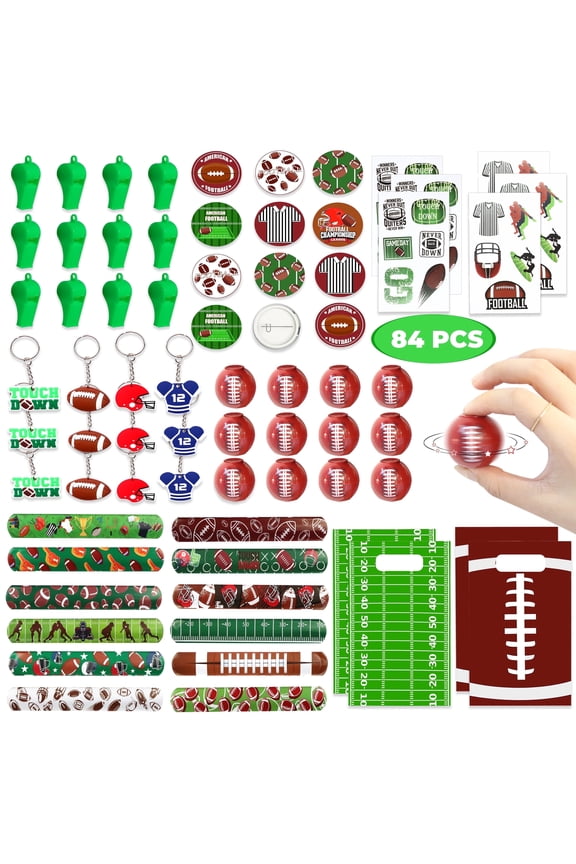 Football Party Favors 84 Pcs Slap Bracelet Keychain Stickers Spinner Ball Treat Bag Whistle for Kids Football Birthday Supply