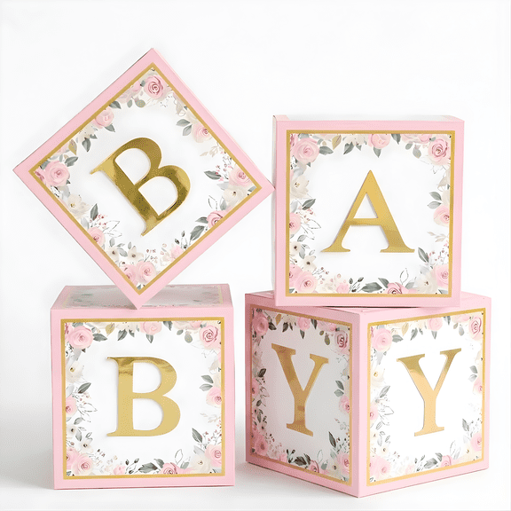 Happy Greetings Pink Baby Bloom 4 Boxes with Letters for Girls Baby Shower Gender Reveal wildflower Spring Party Decorations
