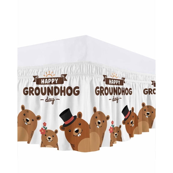 Happy Ground Day Bed Skirt California King Size 18 Inch Drop, Country Cartoon Floral Hat Groundhogs Adjustable Elastic Dust Ruffles Bedskirt Wrap Around Pleated Mattress Frame Cover