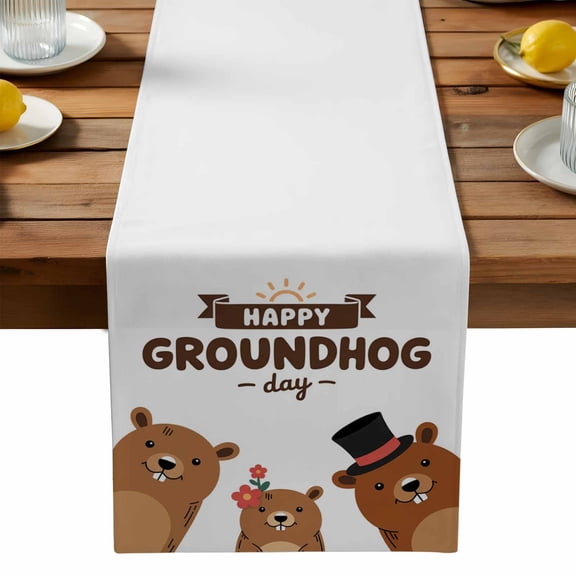 Happy Ground Day Table Runner, Country Cartoon Floral Hat Groundhogs Washable Kitchen Table Runners Dress Scarves for Dining Table Decorations Party, 13x108in