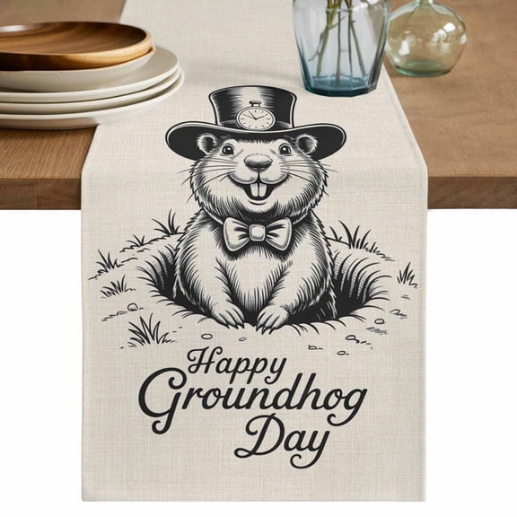 Happy Groundhog Cotton Linen Table Runner for Dining Kitchen, Spring Vintage Groundhog Line Art Wedding Outdoor Party Tablerunners Decoration, Dresser Scarf Coffee Tablecloth Runners 13x36 Inches