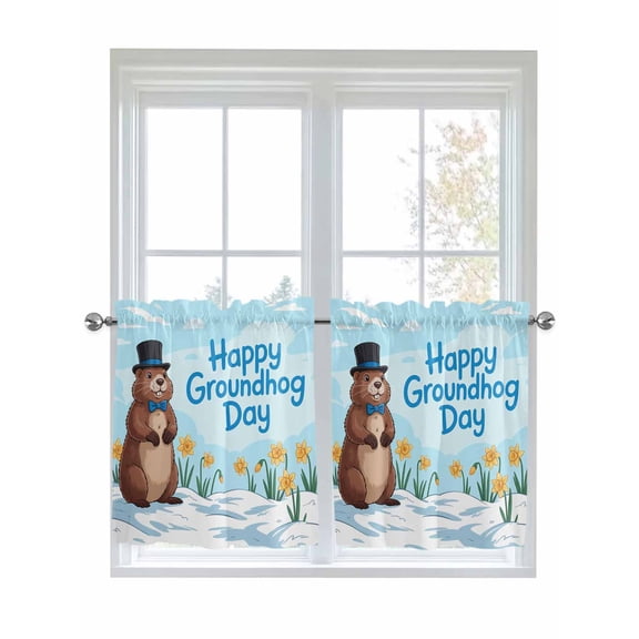 Happy Groundhog Day 2 Panel Kitchen Curtains for Small Windows, Cartoon Cute Ground Hog Flowers Sky Blue Bathroom Tier Curtain, Short Window Treatment for Bedroom/Living Room 55"x24"