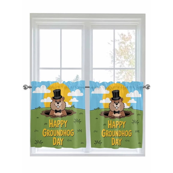 Happy Groundhog Day 2 Panel Kitchen Curtains for Small Windows, Cartoon Ground Hog Grass Sun Sky Blue Bathroom Tier Curtain, Short Window Treatment for Bedroom/Living Room 55"x36"