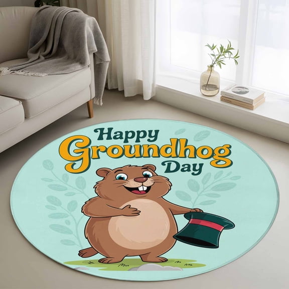 Happy Groundhog Day 3ft Area Rug, Green Hat Spring Animals Mint Green Washable Non-Slip Small Round Rugs for Entryway Bedroom Kitchen, Soft Circle Carpet for Dining Room, Playroom Nursery Rug