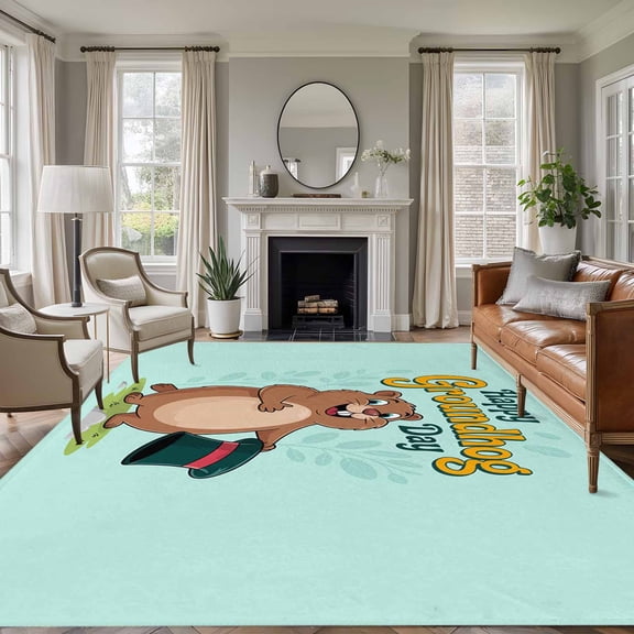 Happy Groundhog Day 5'x8' Area Rug for Living Room, Green Hat Spring Animals Mint Green Washable Non-Slip Rugs for Bedroom Nursery Dining Room, Low-Pile Kitchen Carpet Large Entryway Rugs
