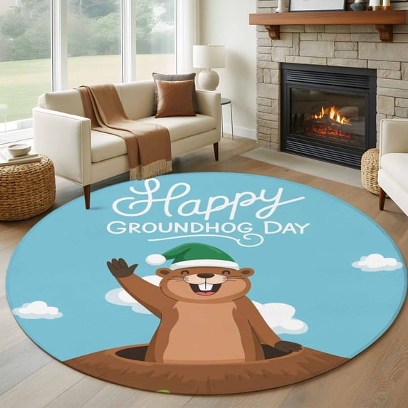 Happy Groundhog Day 6ft Round Rugs, Cartoon Ground Hog Hole Blue Sky Country Washable Non-Slip Area Rugs for Living Room Bedroom Kitchen, Low Pile Dining Room Kicthen Circle Carpet, Indoor Floor Rug
