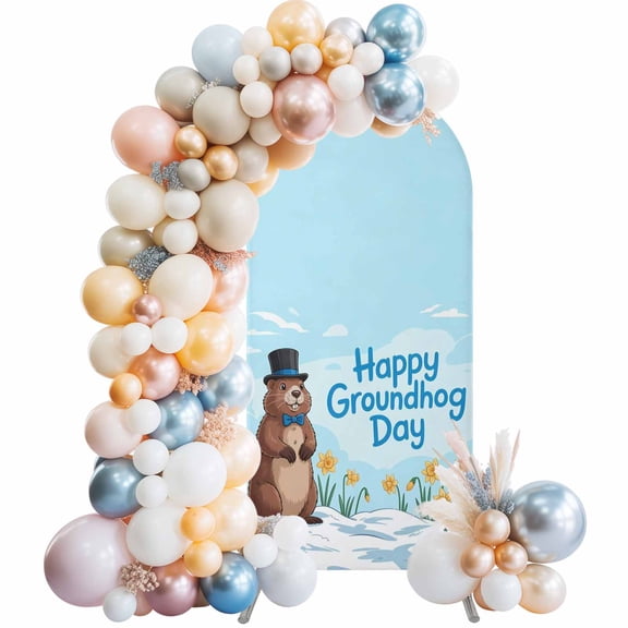 Happy Groundhog Day Arch Backdrop Cover 4 FT Cartoon Yellow Floral Blue Sky White Snow Stretchy Elastic Arch Stand Covers Spandex Arched Background Birthday Wedding Party Decoration (No Stand)