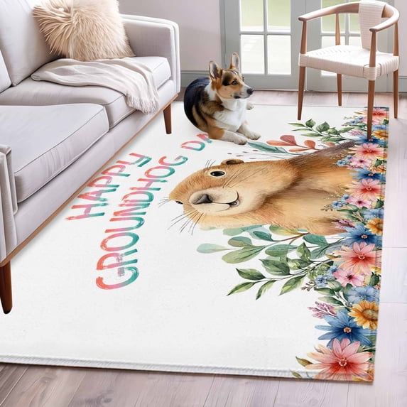 Happy Groundhog Day Area Rugs 4x6 ft Watercolor Cute Ground Rat Flower Leaf Farmhouse Washable Rug Non Slip Indoor Carpet Absorbent Floor Mat for Living Room Bedroom Dining Room
