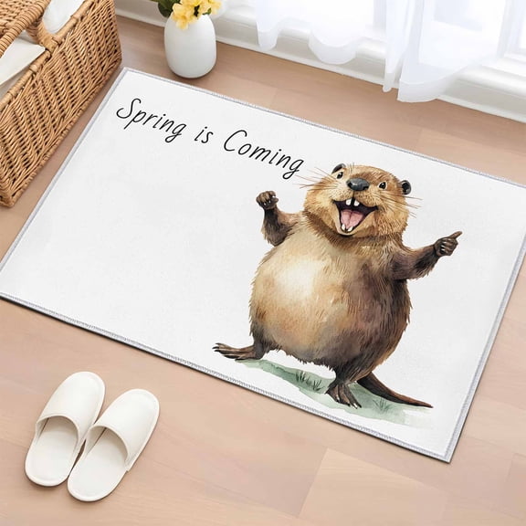 Happy Groundhog Day Bathroom Rug Washable 2x3 Entryway Rug Non Slip Funny Cute Animal Spring Pastoral Front Door Mat Low Pile Indoor Doormat Throw Floor Carpet for Kitchen Bedroom Entrance