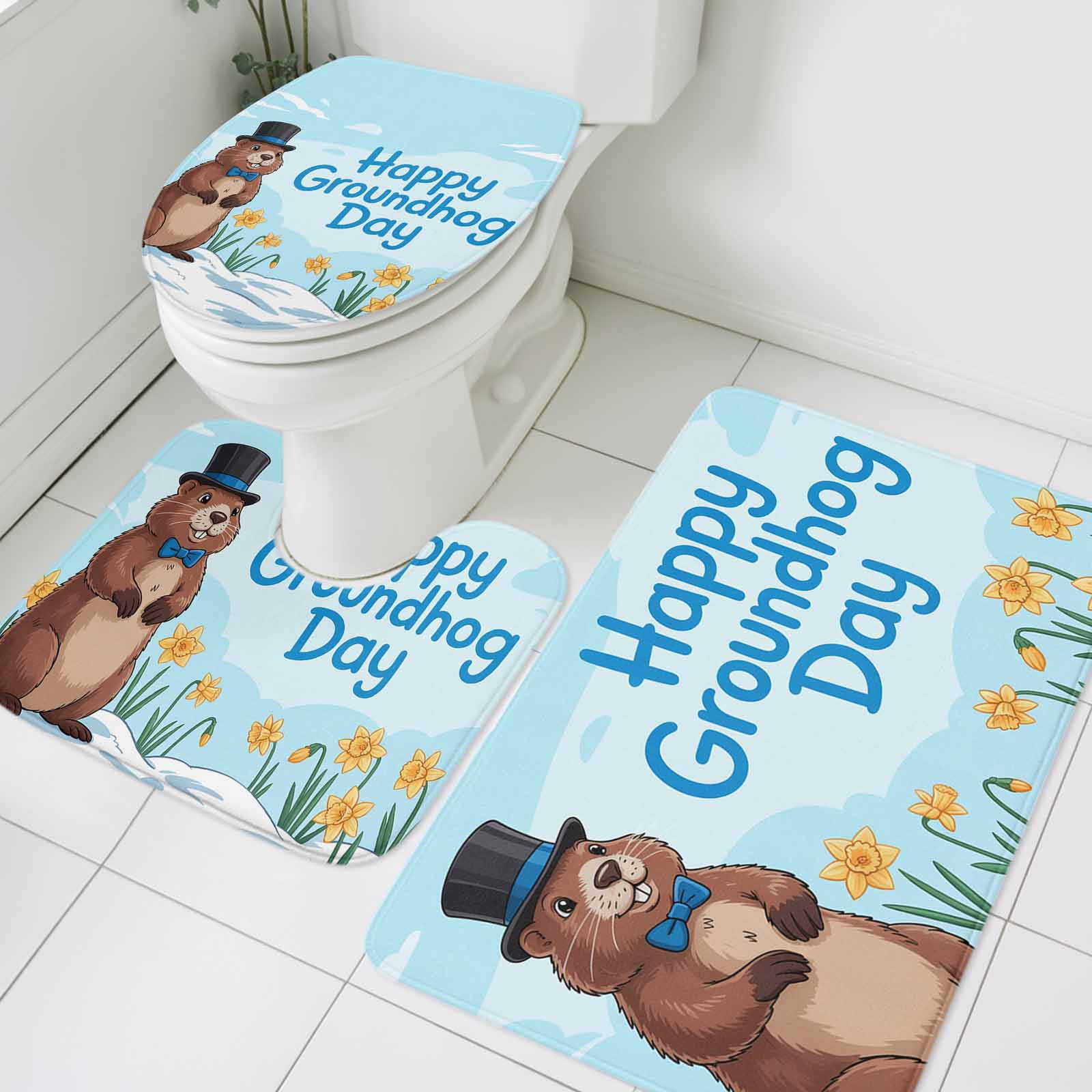 Happy Groundhog Day Bathroom Rugs Set Cartoon Yellow Floral Blue Sky ...