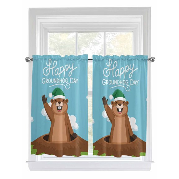 Happy Groundhog Day Bathroom Window Curtain, Cartoon Ground Hog Hole Blue Sky Country Light Filtering Coffee Kitchen Curtains, Bedroom Living Room Curtains 2 Panel 84"x54"