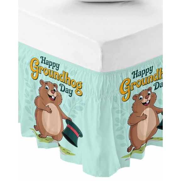 Happy Groundhog Day Bed Skirt Cal King 16 Inch Drop, Wrap Around Bed Skirts, Green Hat Spring Animals Mint Green Elastic Bedskirt Pleated Bed Frame Cover Luxurious Dust Ruffle for Cal King Bed