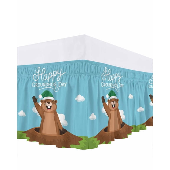 Happy Groundhog Day Bed Skirt King Size 16 Inch Drop, Cartoon Green Hat Groundhog Blue Sky Adjustable Elastic Dust Ruffles Bedskirt for King Bed Wrap Around Pleated Mattress Frame Cover