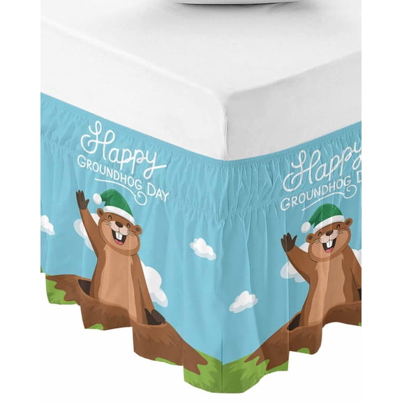 Happy Groundhog Day Bed Skirt King Size 18 Inch Drop, Wrap Around Bed Skirts, Cartoon Ground Hog Hole Blue Sky Country Elastic Bedskirt Pleated Bed Frame Cover Luxurious Dust Ruffle for King Bed