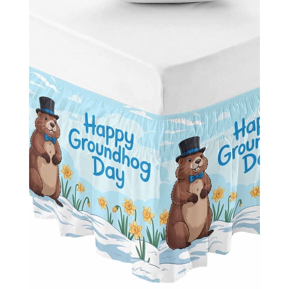 Happy Groundhog Day Bed Skirt Queen Size 16 Inch Drop, Wrap Around Bed Skirts, Cartoon Cute Ground Hog Flowers Sky Blue Elastic Bedskirt Pleated Bed Frame Cover Luxurious Dust Ruffle for Queen Bed