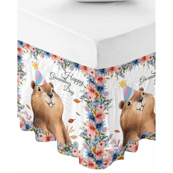 Happy Groundhog Day Bed Skirt Queen Size 18 Inch Drop, Wrap Around Bed Skirts, Cute Ground Rat Flower Bushes Leaves Elastic Bedskirt Pleated Bed Frame Cover Luxurious Dust Ruffle for Queen Bed