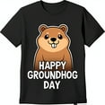 thumbnail image 1 of Happy Groundhog Day Black T-Shirt with Cute Cartoon Groundhog Graphic, 1 of 5