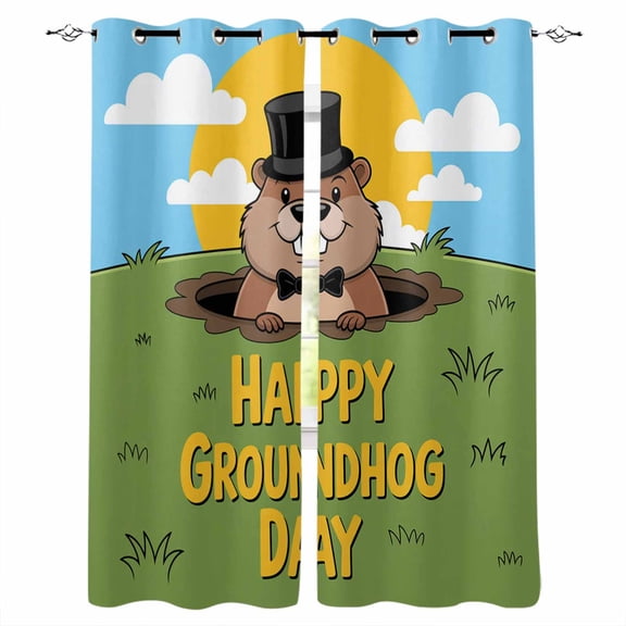 Happy Groundhog Day Blackout Curtains 96 Inch Length 2 Panels Set, Cartoon Ground Hog Grass Sun Sky Blue Full Shading Curtains for Windows, Blackout Curtains for Bedroom Living Room 52"x96"