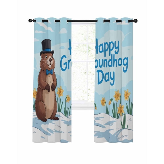 Happy Groundhog Day Blackout Curtains, Light Blocking Print Window Curtains, Cartoon Cute Ground Hog Flowers Sky Blue Thermal Insulated Window Drapes for Living Room 2 Panels, 55"W x 39"L