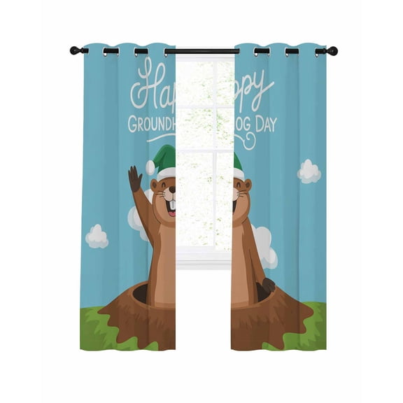 Happy Groundhog Day Blackout Curtains, Light Blocking Print Window Curtains, Cartoon Ground Hog Hole Blue Sky Country Thermal Insulated Window Drapes for Living Room 2 Panels, 55"W x 39"L