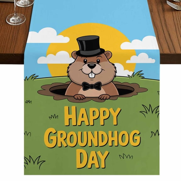 Happy Groundhog Day Burlap Cotton Table Runner 13x36 Inches Short, Cartoon Ground Hog Grass Sun Sky Blue Farmhouse Table Runners, Outdoor Dining Tablecloths Decor for Baby Shower/Party/Wedding