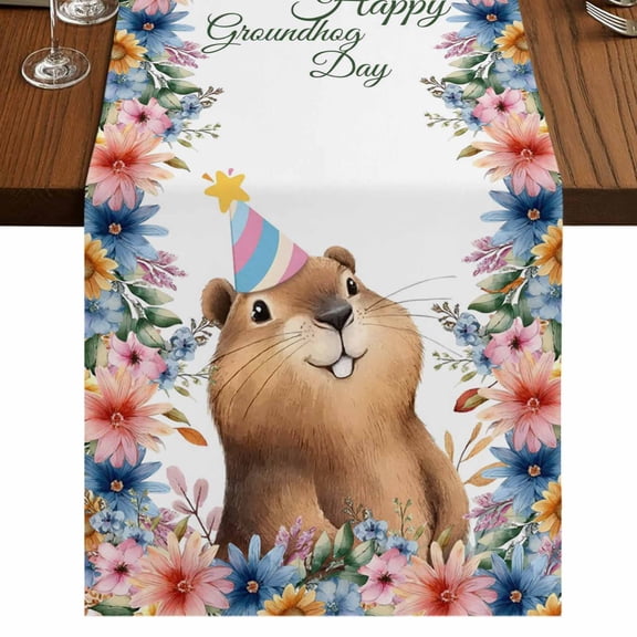 Happy Groundhog Day Burlap Cotton Table Runner 13x36 Inches Short, Cute Ground Rat Flower Bushes Leaves Farmhouse Table Runners, Outdoor Dining Tablecloths Decor for Baby Shower/Party/Wedding