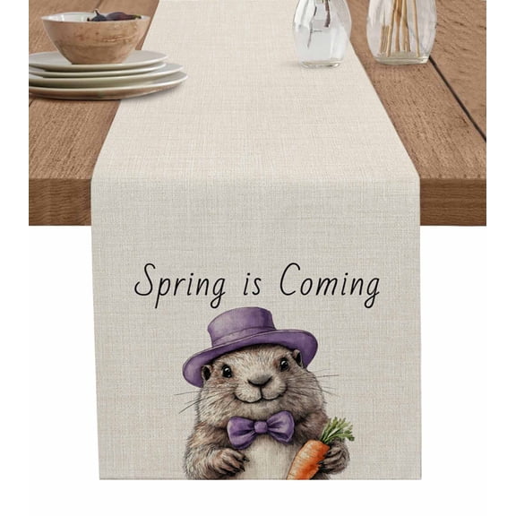 Happy Groundhog Day Burlap Cotton Table Runner 13x36 Inches Short, Spring Carrot Funny Cute Animals Farmhouse Table Runners, Outdoor Dining Tablecloths Decor for Baby Shower/Party/Wedding